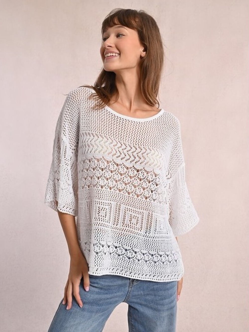 Molly Bracken White Crochet Openwork Dolman Sleeve Pullover Size Large/XL